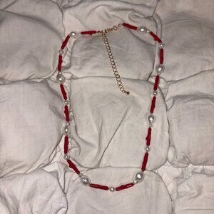 Anthropologie Red Coral & Pearl Station Necklace